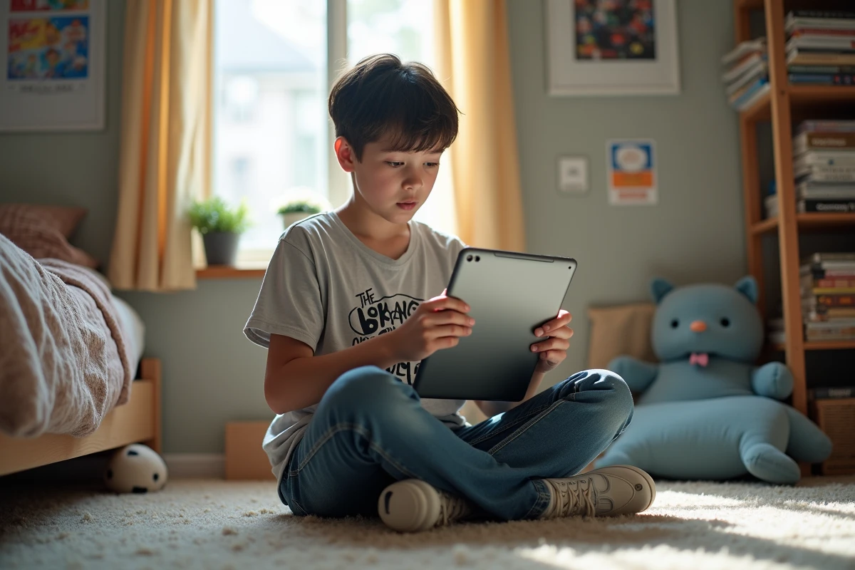 Un adolescent regarde une tablette dans sa chambre