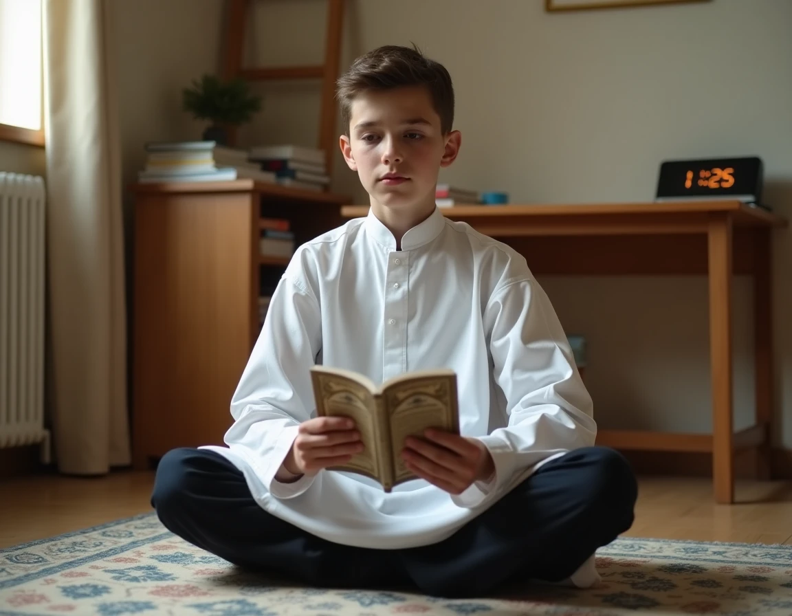 Adolescent en qamis blanc consultant les horaires du jeûne du Ramadan dans sa chambre à Lyon