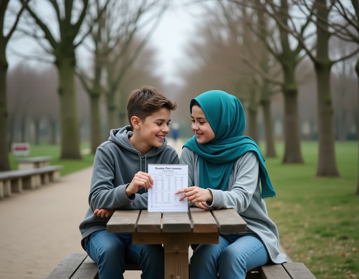 Deux adolescents consultant ensemble un programme de Ramadan dans un parc de Lyon au printemps