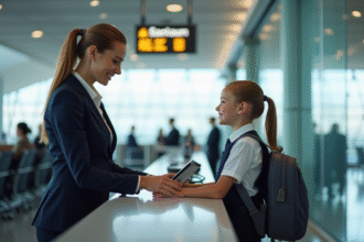 Agent aéroport aidant un enfant souriant au comptoir