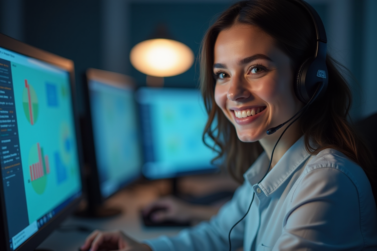 Agent souriant portant un casque en tapant sur un clavier