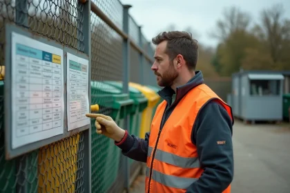 Agent municipal consultant un panneau d'affichage à l'entrée d'une déchèterie en France, bacs de tri colorés en arrière-plan