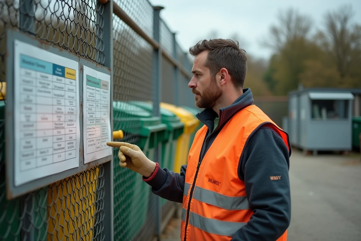 Agent municipal consultant un panneau d'affichage à l'entrée d'une déchèterie en France, bacs de tri colorés en arrière-plan