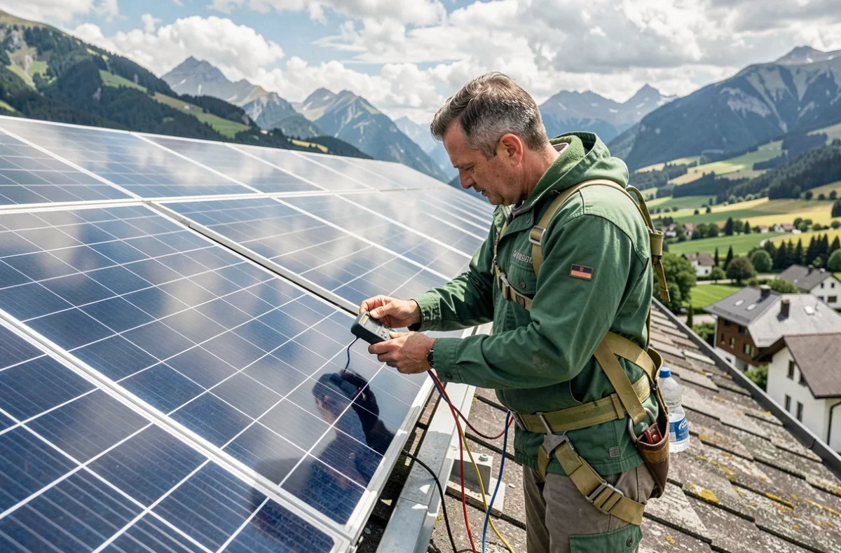 Électricien spécialisé en énergies renouvelables inspectant des panneaux solaires sur un toit en Isère