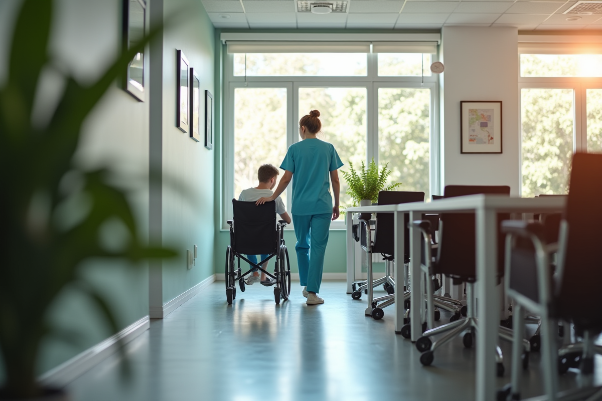 Jeune aidant guidant une personne handicapée dans un espace moderne