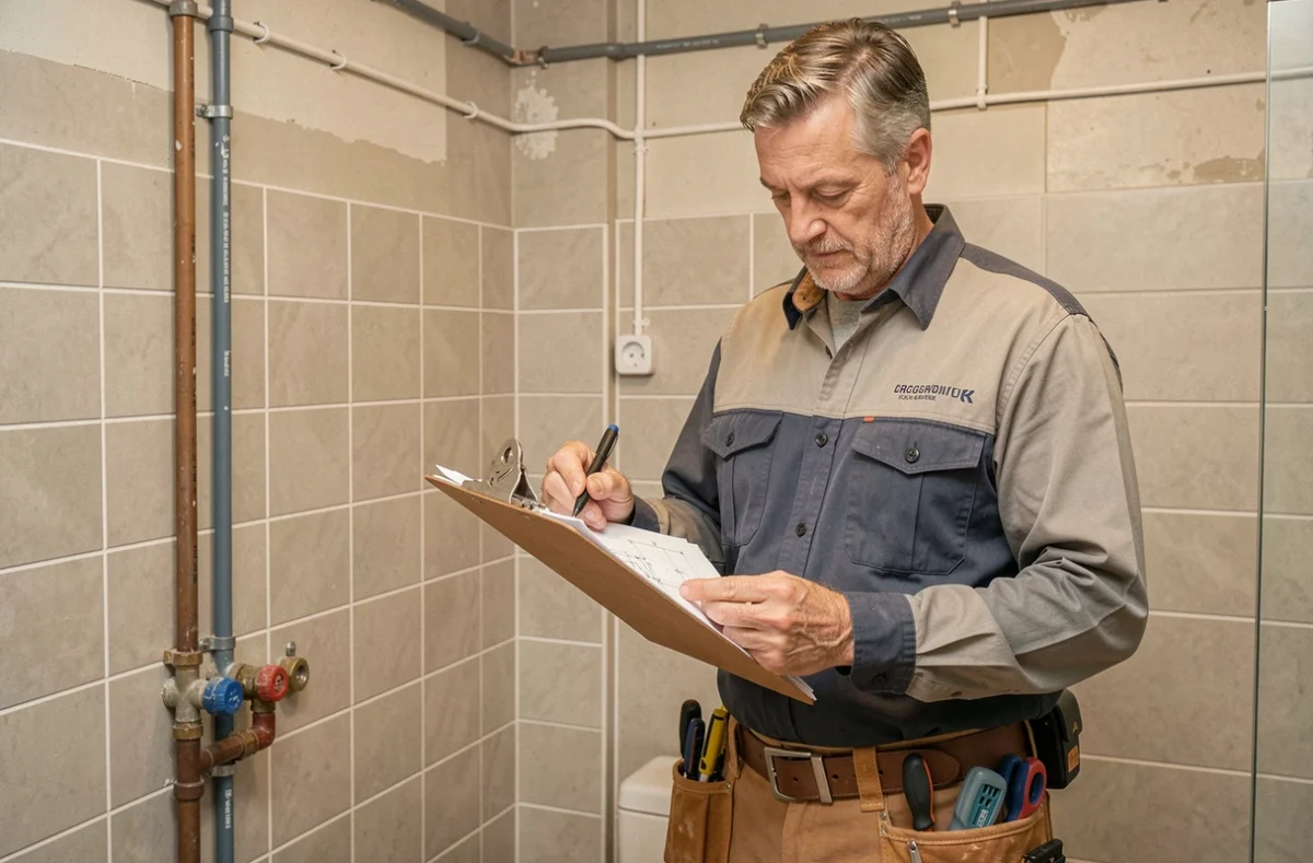 Artisan polyvalent en électricité et plomberie travaillant dans une salle de bain en rénovation
