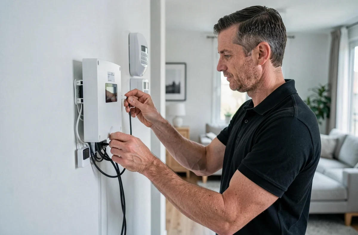 Technicien installant un système d'alarme et de sécurité électronique dans une maison résidentielle