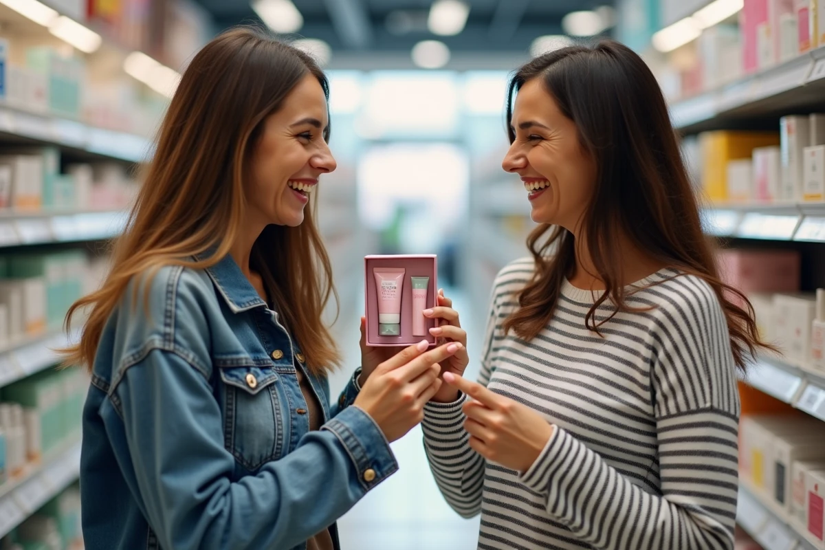 Deux amies riant ensemble en choisissant un cadeau beauté pas cher dans une pharmacie, tenant un coffret à 5 euros