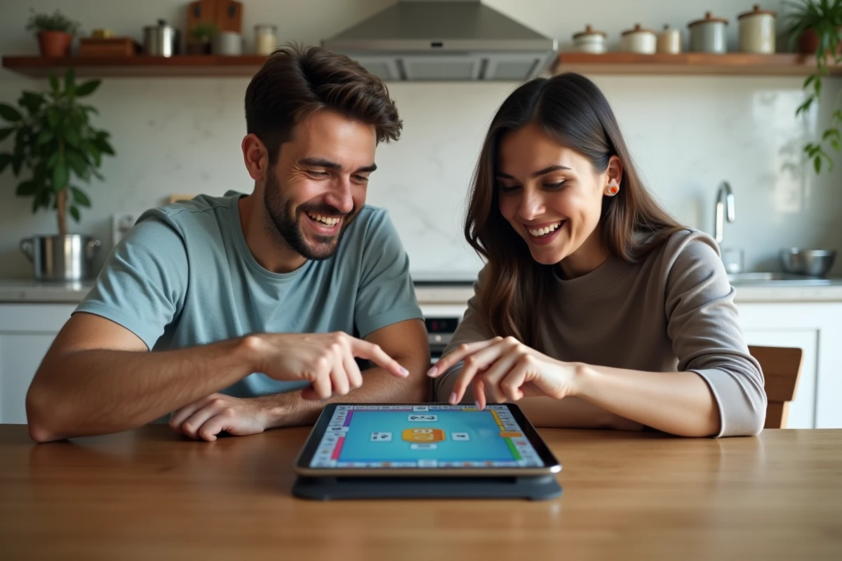 Deux amis partageant des astuces Monopoly Go sur tablette pour obtenir des dés gratuits et doubler leurs gains