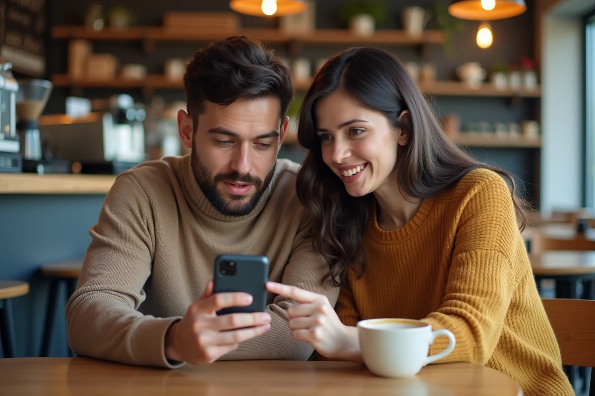 Deux amis dans un café essayant de résoudre le problème de lien du Club des magnats Monopoly Go
