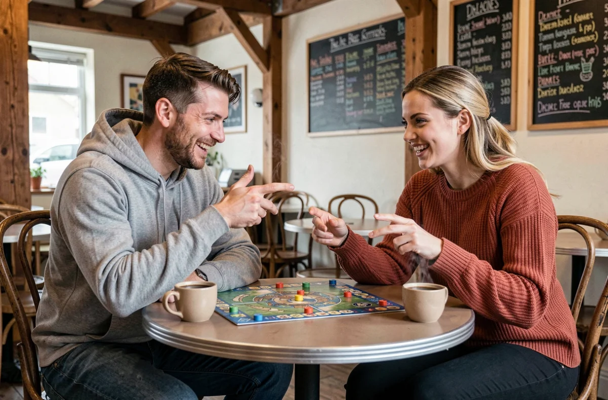 Deux amis jouant à un jeu de société dans un café vintage pour se détendre et lutter contre le stress quotidien