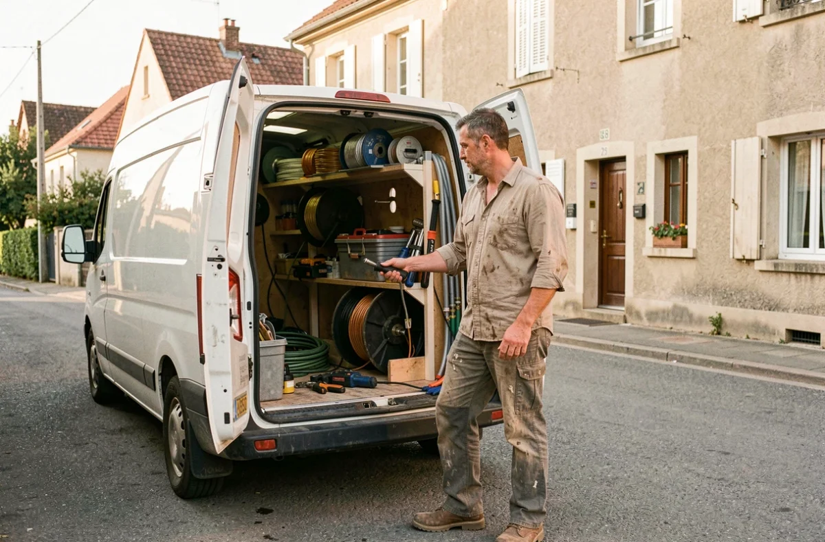 Artisan électricien indépendant chargeant son outillage dans son véhicule utilitaire devant une maison