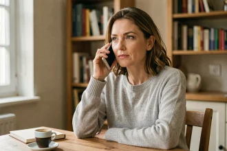 Femme en appartement passant un appel international vers l'Espagne avec son smartphone