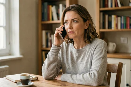 Femme en appartement passant un appel international vers l'Espagne avec son smartphone