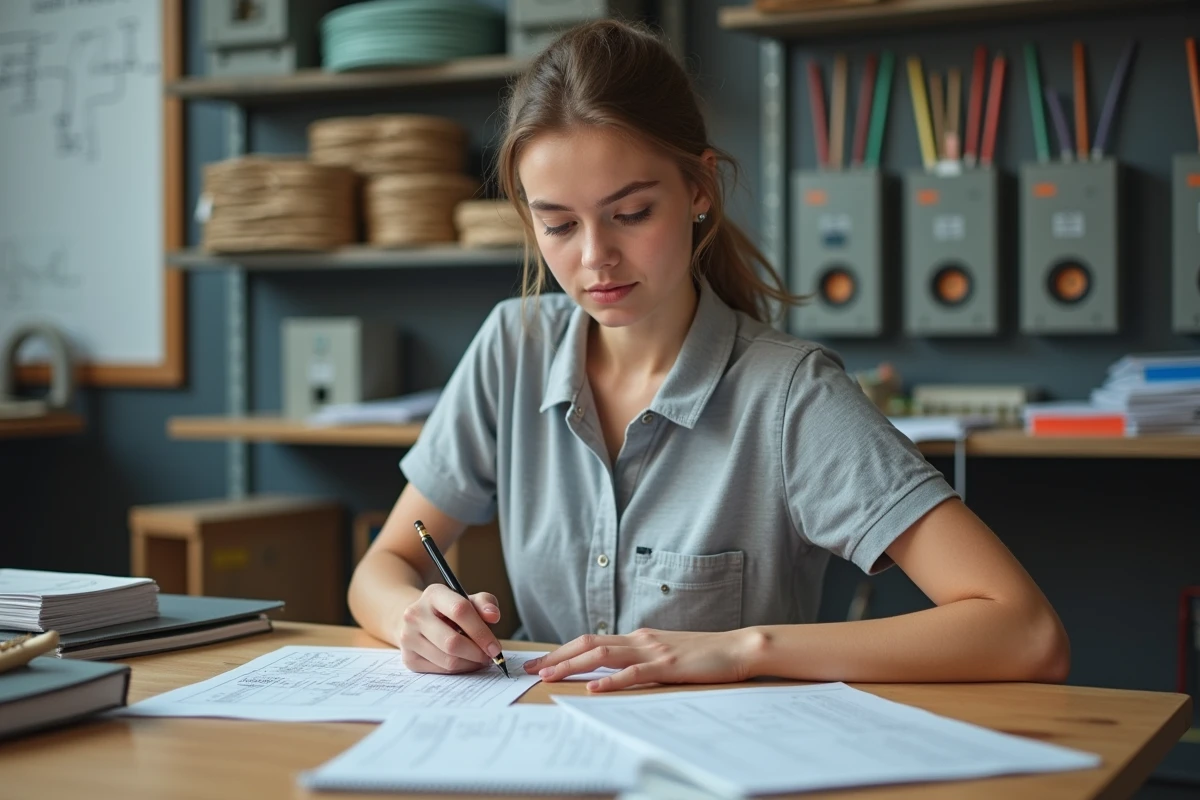 Apprentie électricienne étudiant un tableau de dimensionnement câbles et disjoncteurs triphasés en centre de formation