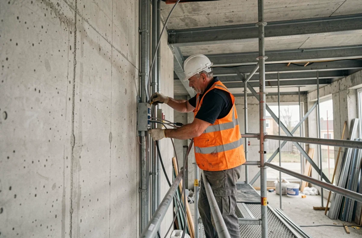 Électricien du bâtiment tirant des câbles dans un immeuble en construction avec murs en béton brut