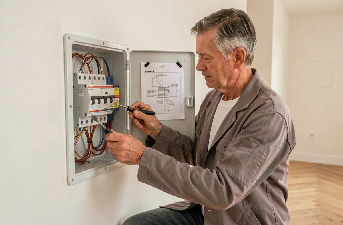 Électricien posant un tableau électrique neuf dans un appartement rénové avec parquet et murs blancs