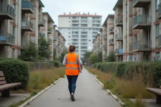 Travailleuse associative en gilet orange dans une cité HLM du Mirail à Toulouse, bâtiments en béton en arrière-plan
