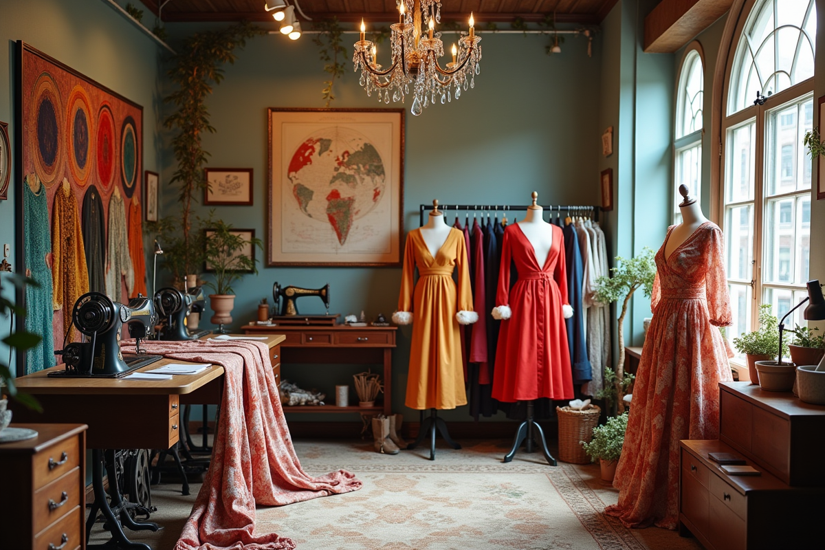 Studio de mode avec textiles et mannequins internationaux