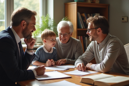 Avocat familial attentif avec parents dans un bureau lumineux