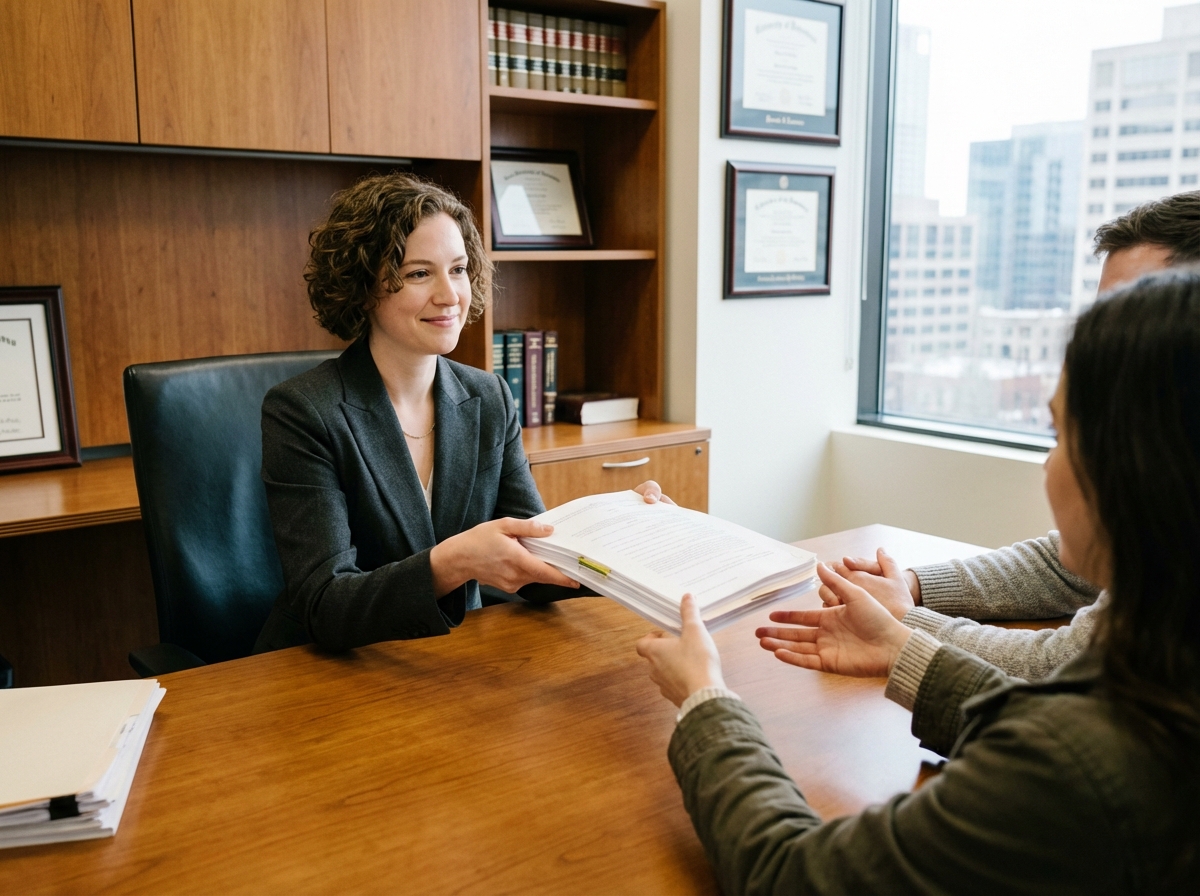 Jeune avocate présentant des papiers à un couple au bureau