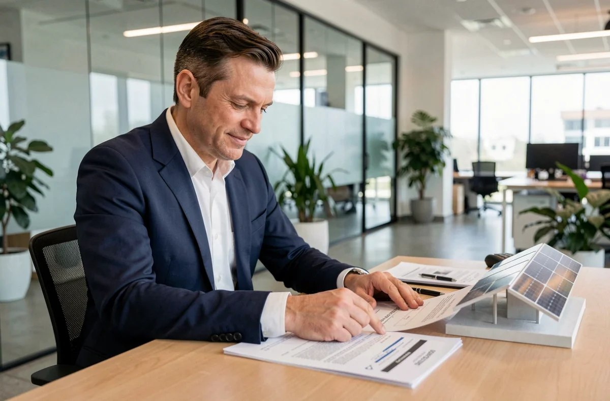 Banquier professionnel examinant des documents de financement pour un projet photovoltaïque certifié S21 2026 dans un bureau moderne