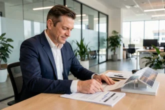 Banquier professionnel examinant des documents de financement pour un projet photovoltaïque certifié S21 2026 dans un bureau moderne