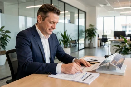 Banquier professionnel examinant des documents de financement pour un projet photovoltaïque certifié S21 2026 dans un bureau moderne