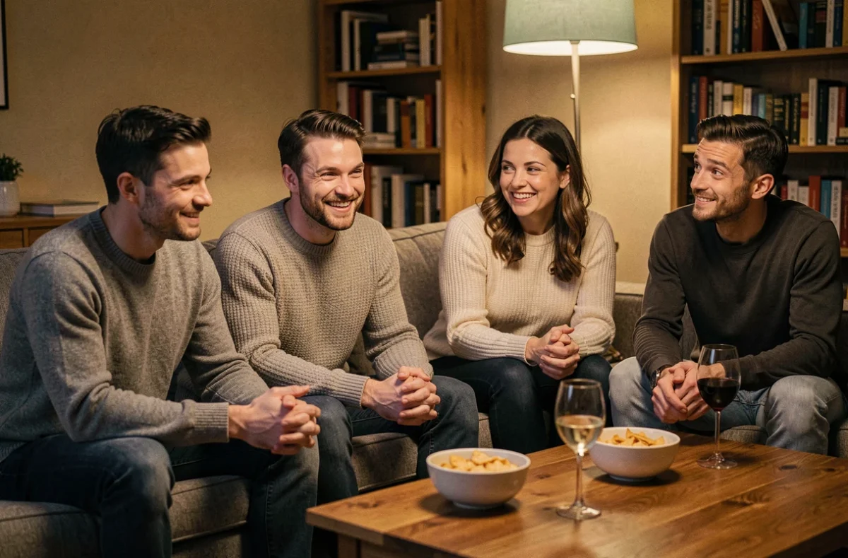 Groupe d'amis en soirée réagissant à une blague d'humour noire avec des expressions mitigées