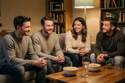 Groupe d'amis en soirée réagissant à une blague d'humour noire avec des expressions mitigées