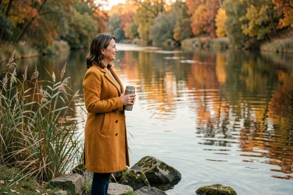 Femme profitant des bords de la rivière Saralbe en automne, thermos à la main, contemplant l'eau calme entourée de feuillages dorés