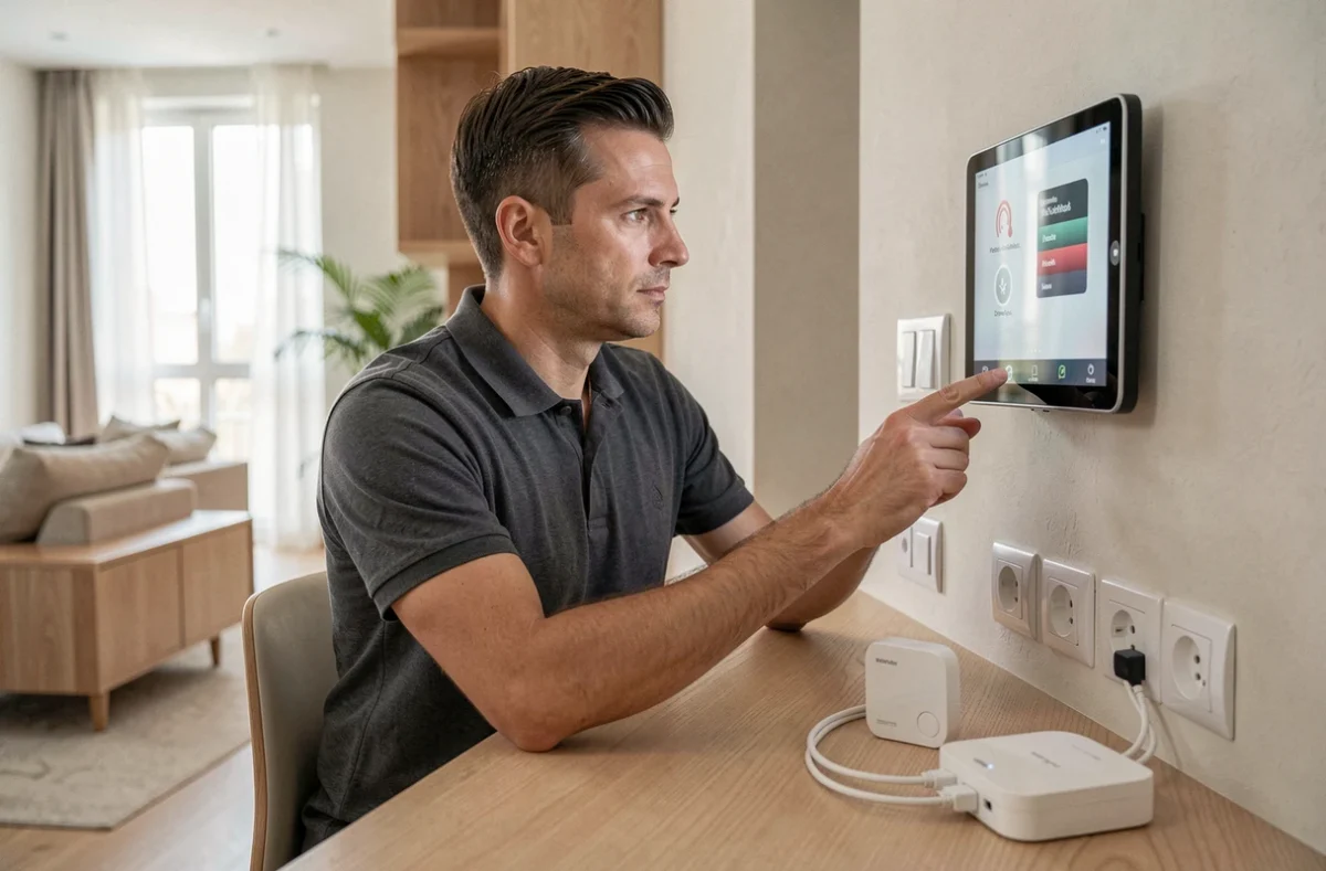 Technicien en domotique configurant un système de maison intelligente dans un salon contemporain