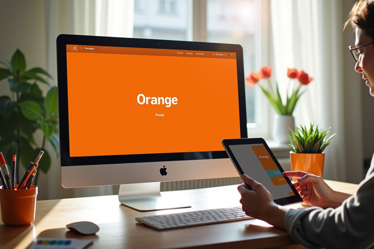 Espace de bureau moderne avec écran Orange et main sur tablette