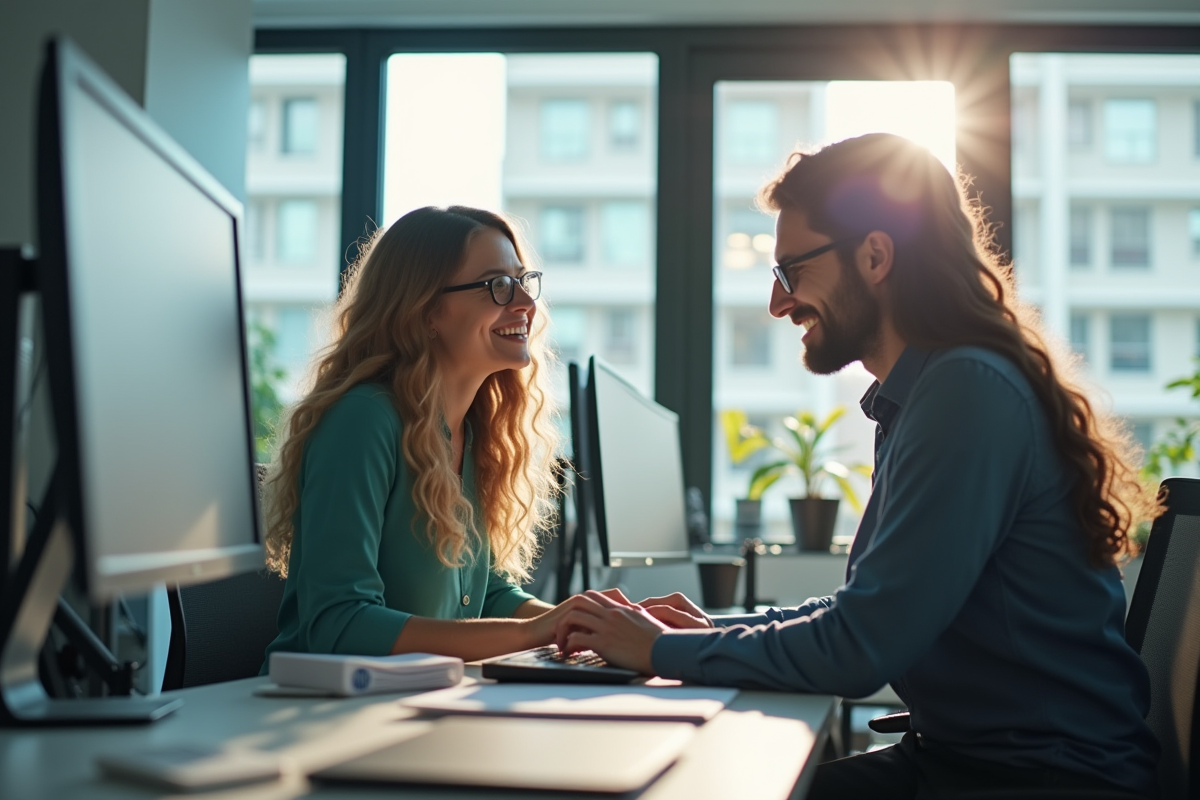 Deux enseignants collaborant sur un ordinateur dans un bureau lumineux