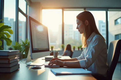 Bureau moderne avec un employé universitaire tapant sur un ordinateur