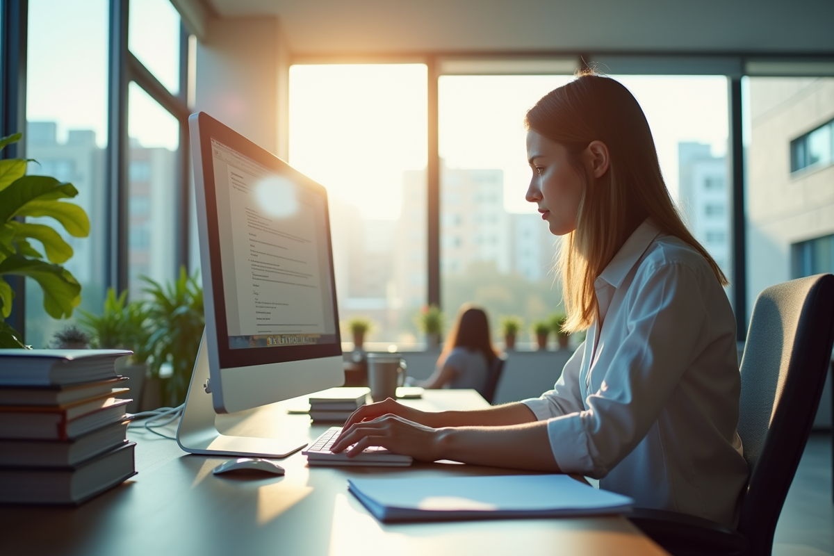 Bureau moderne avec un employé universitaire tapant sur un ordinateur