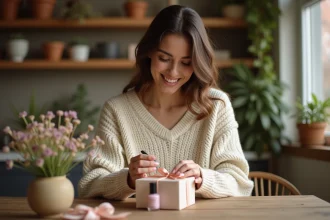 Femme souriante découvrant un cadeau beauté à 5 euros avec vernis et baume à lèvres sur une table en bois