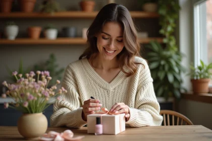Femme souriante découvrant un cadeau beauté à 5 euros avec vernis et baume à lèvres sur une table en bois