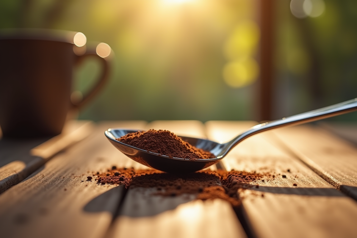 Cuillère avec cafe moulu sur table en bois rustique