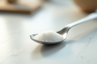 Cuillère en inox avec sucre fin sur plan de travail blanc