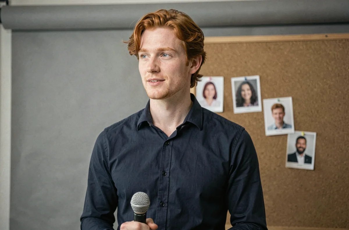Chanteur roux aux cheveux auburn en session de casting devant un fond de studio avec des headshots épinglés