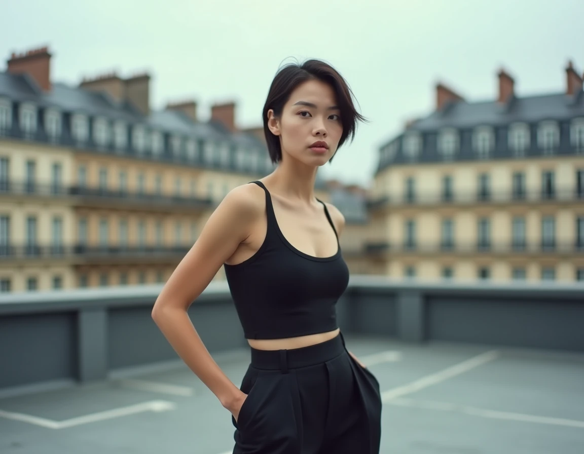 Chanteuse de Hyphen Hyphen en portrait urbain sur un rooftop parisien avec architecture haussmannienne en arrière-plan