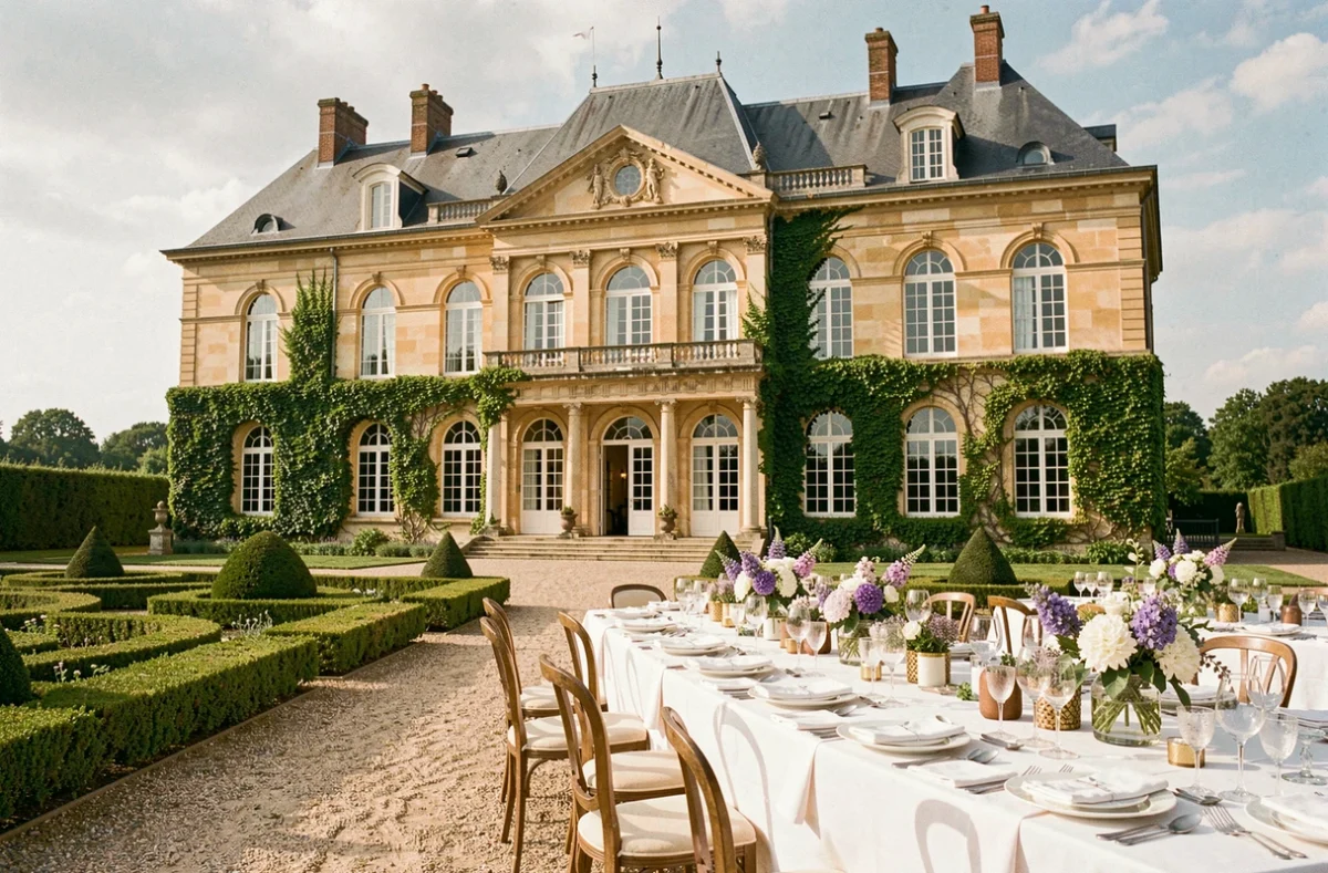 Façade du Château de Beaumetane avec jardin à la française et table de réception dressée pour un événement élégant
