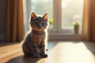 Chaton gris sur un sol en bois en lumière naturelle