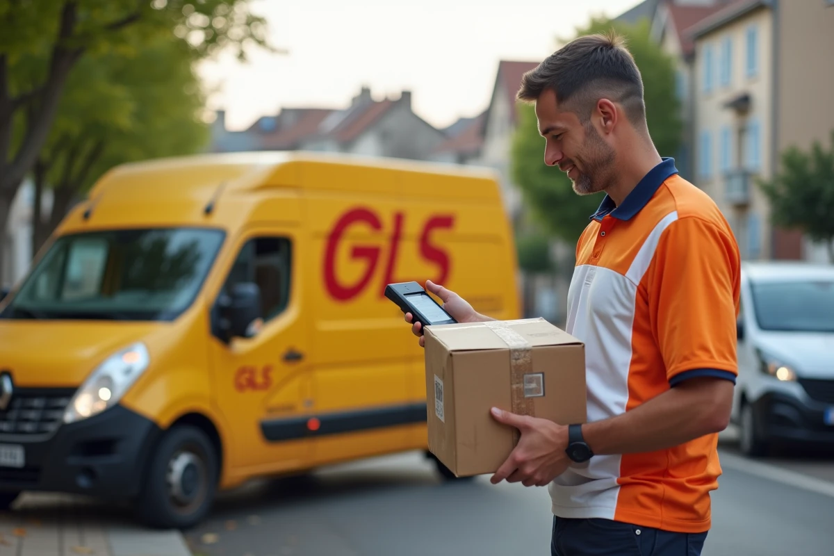 Chauffeur GLS scannant un colis retour devant son camion de livraison dans une rue française