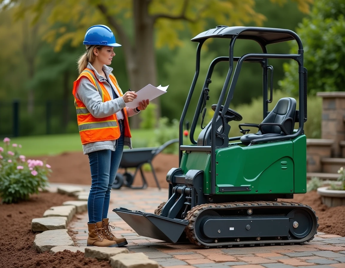 Cheffe de chantier inspectant un mini dumper sur un projet d'aménagement paysager, illustrant la décision d'achat ou de location de matériel compact pour professionnels