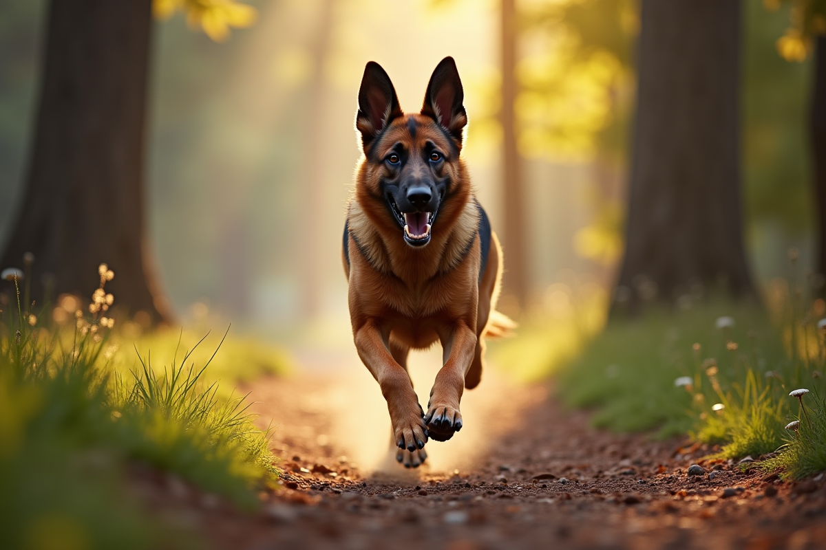 Chien mix German Shepherd et Malinois courant dans la forêt en pleine nature