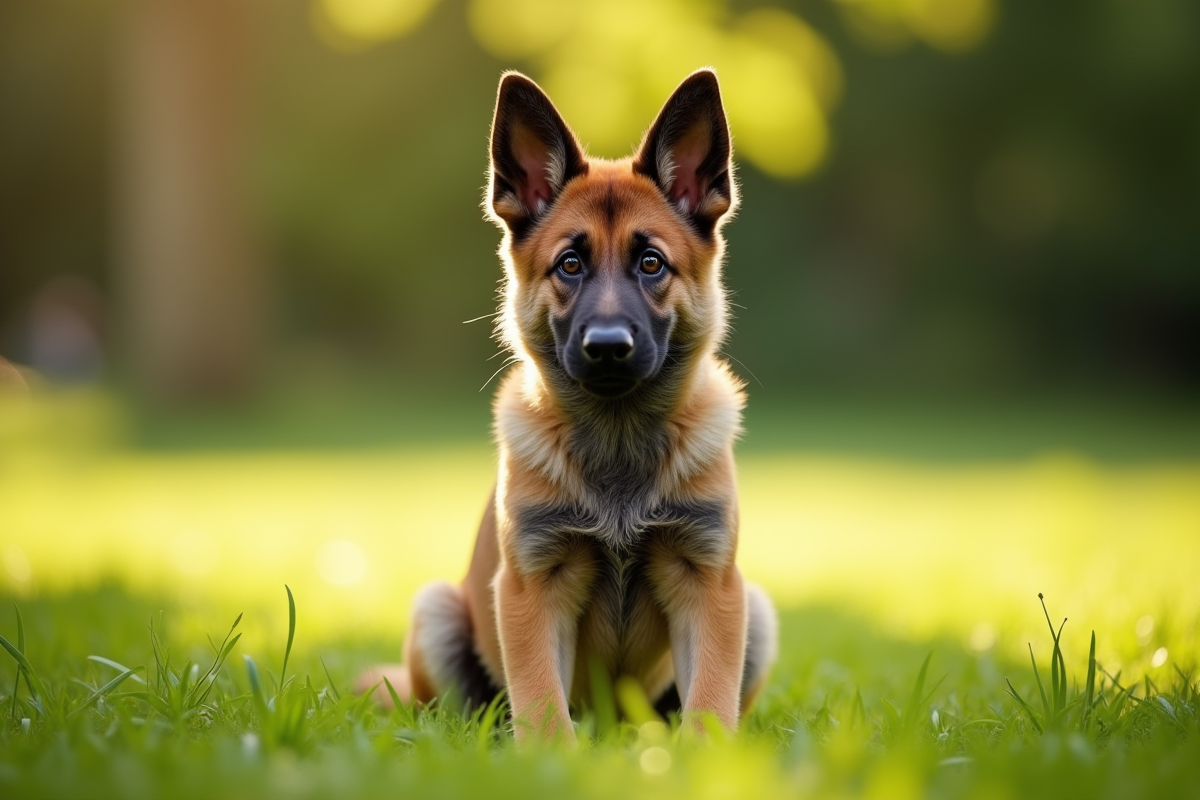 Jeune chien mix German Shepherd et Malinois en plein soleil dans un parc