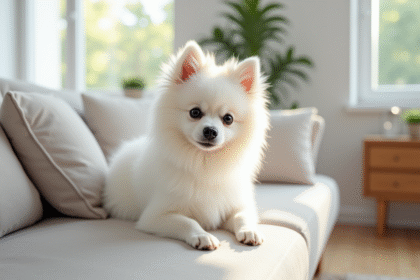 Chien Pomeranian blanc assis sur un canapé moderne dans un salon lumineux
