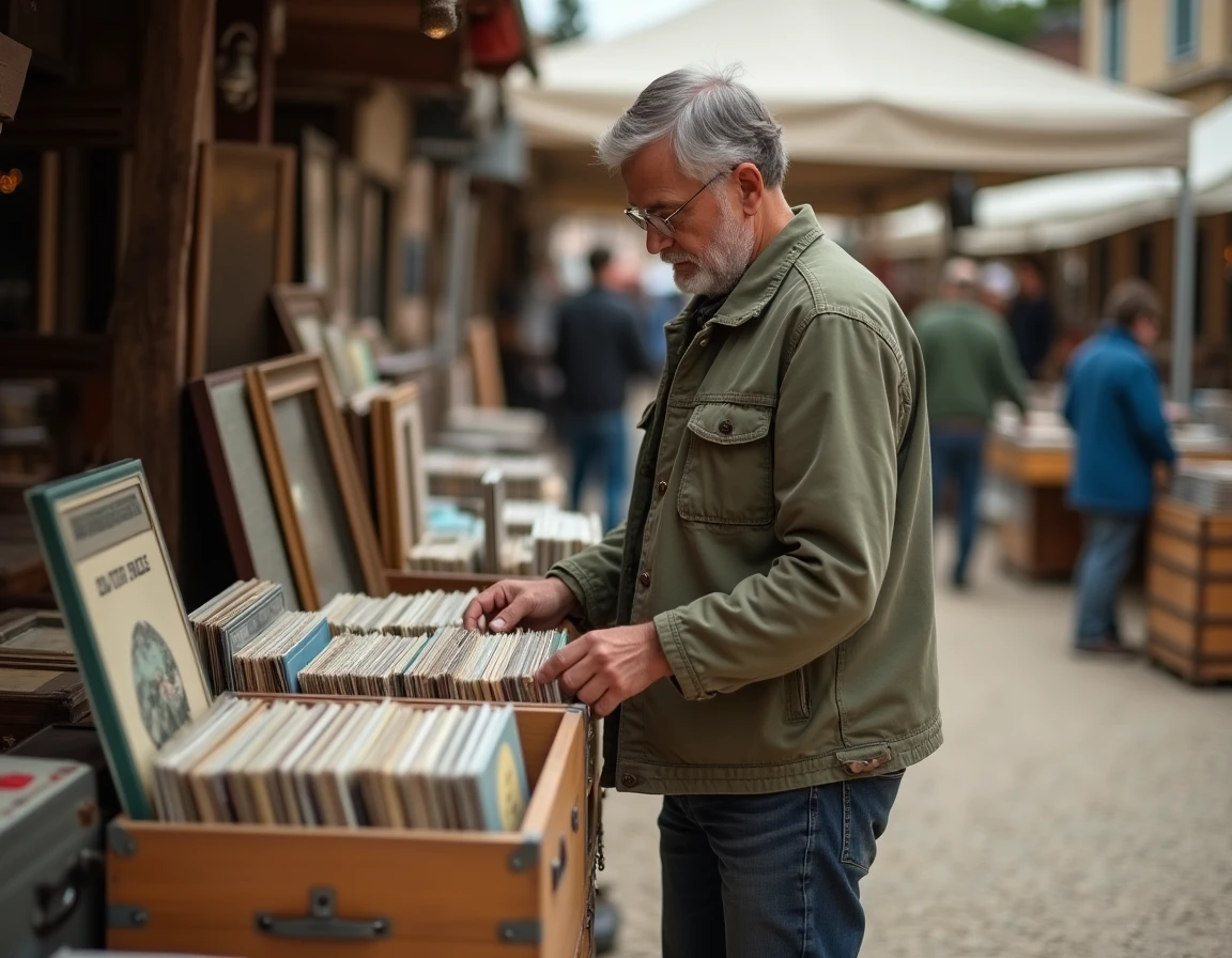 Homme chinant des vinyles anciens sur un vide-grenier dans l'Ain